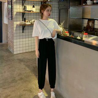 Short-sleeve Drawstring Top / Smocked-cuff Harem Pants
