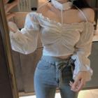 Choker-neck Long-sleeve Shirred Cropped Blouse