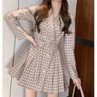 Long-sleeve Tie-waist Plaid Pleated Mini Dress