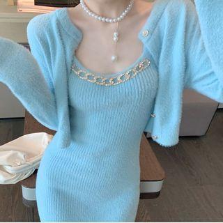 Cardigan / Spaghetti Strap Mini A-line Knit Dress