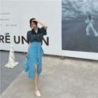 Short-sleeve Floral Blouse / Asymmetrical Slit Midi Pencil Skirt