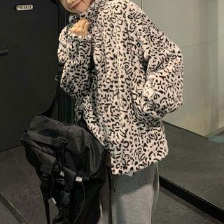 Leopard Print Fluffy Zip Jacket Normal - Black & White - One Size