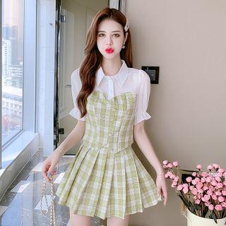 Set: Mock Two-tone Check Blouse + Skirt