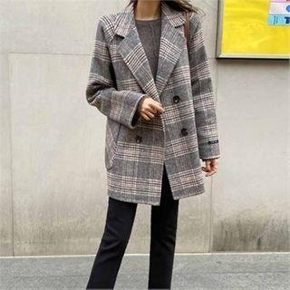 Double-breasted Plaid Coat Gray - One Size