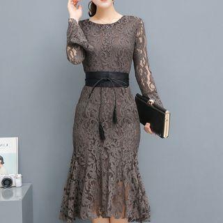 Bell-sleeve Mermaid Lace Dress With Belt