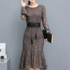 Bell-sleeve Mermaid Lace Dress With Belt