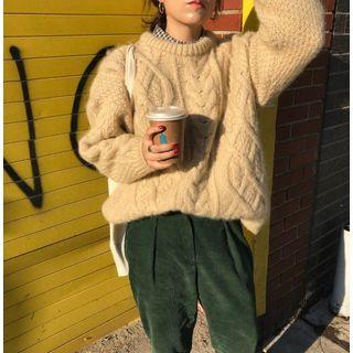 Plain Cable-knit Sweater Almond - One Size
