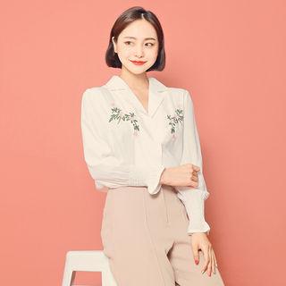 Smocked-cuff Flower-embroidered Blouse