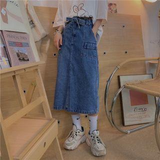 Tie-waist Denim Midi A-line Skirt