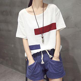 Set: Short Sleeve Panel T-shirt + Drawstring Waist Shorts