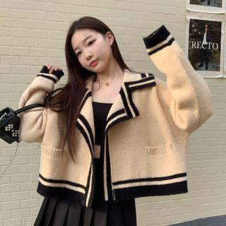 Notch Lapel Contrast Trim Cardigan 7316 - Short - Black - One Size