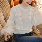 Puff-sleeve Lace-detail Velvet Top
