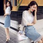 Set: Eyelet Lace Elbow-sleeve Blouse + Mock Two-piece Straight-fit Skirt