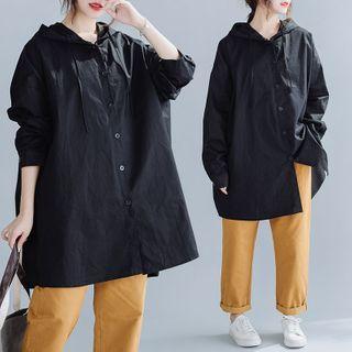 Plain Hooded Long-sleeve Shirt Black - F
