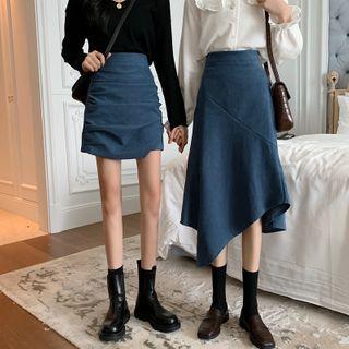 Crinkled Mini Fitted Skirt / Asymmetric Midi A-line Skirt