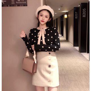 Dotted Lace-up Long-sleeve Knit Top