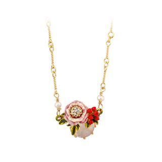 Fashion And Elegant Plated Gold Enamel Red Flower Necklace With Cubic Zirconia Golden - One Size