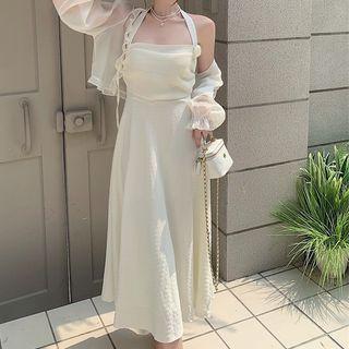 Sleeveless Halter Dress + Ruffle Shirt