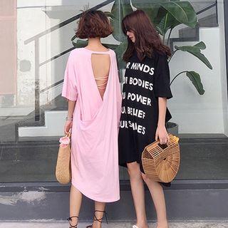 Open Back Lettering Elbow-sleeve Midi T-shirt Dress