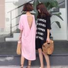 Open Back Lettering Elbow-sleeve Midi T-shirt Dress