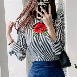 Leaf Embroidery Stripe Shirt With Brooch
