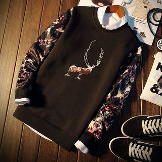 Deer Embroidered Printed Panel Pullover