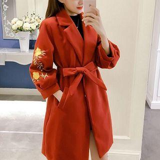 Embroidered Lace-up Puff-sleeve Acrylic Cardigan