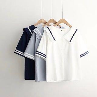 Contrast Trim Short Sleeve Collared Top