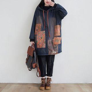 Print Patchwork Hooded Denim Jacket Dark Blue - One Size