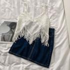 Sleeveless V-neck Fringed Crop Knit Top / Denim Mini Skirt