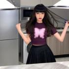 Butterfly Short-sleeve Slim-fit Cropped T-shirt Purple - One Size