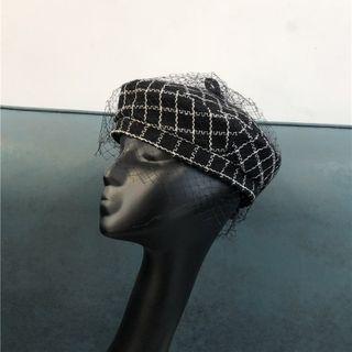 Plaid Mesh Panel Beret Black - M