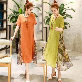 Short Sleeve Linen Cotton Printed Panel Dress