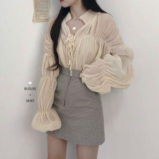 Lace-up Chiffon Blouse / Plaid A-line Skirt