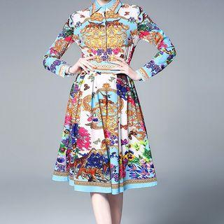 Long-sleeve Printed A-line Shirt Dress