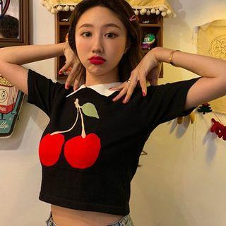 Short-sleeve Collared Cherry Jacquard Knit Top Black - One Size