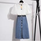 Lace Short-sleeve Top / Denim Midi Skirt / Set