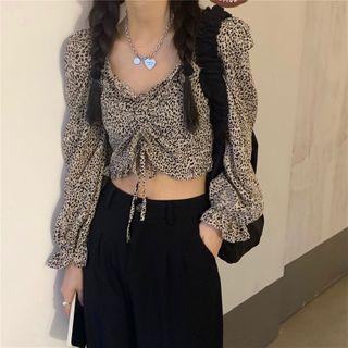 Puff-sleeve Leopard Print Blouse Leopard - One Size