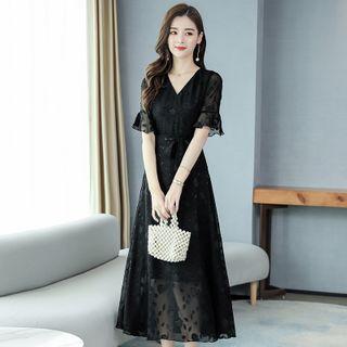 Short-sleeve Chiffon V-neck A-line Midi Dress