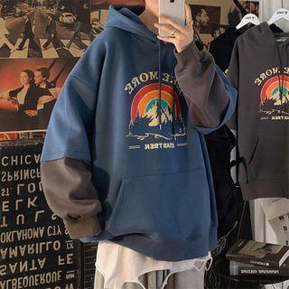 Mock Two-piece Graphic Print Drawstring Hoodie