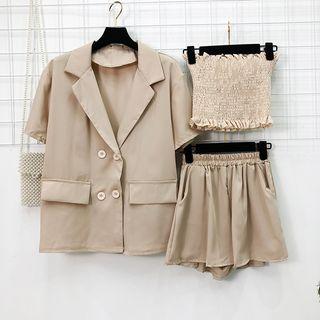 Set: Double-breasted Blazer + Smocked Tube Top + Shorts