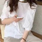 Elbow-sleeve Stripe Ruffle Trim Top