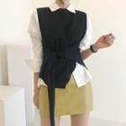 Long-sleeve Plain Shirt / Tie-waist Knit Vest / A-line Mini Skirt
