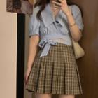 Short-sleeve Lace Up Cropped Blouse / Plaid Mini Pleated Skirt