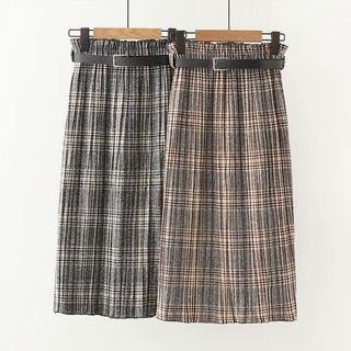 Midi Plaid A-line Skirt With Belt