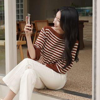 Wide-sleeve Boatneck Stripe Knit Top