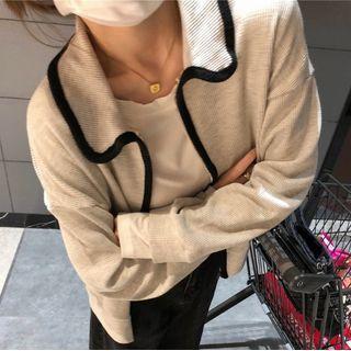 Long-sleeve Contrast Trim Cardigan Beige - One Size