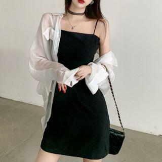 Spaghetti Strap A-line Mini Dress / Long-sleeve Shirt
