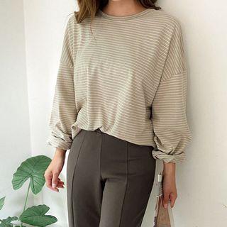 Plus Size Drop-shoulder Striped Long T-shirt