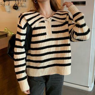 Striped Knit Polo Shirt Black Stripe - White - One Size